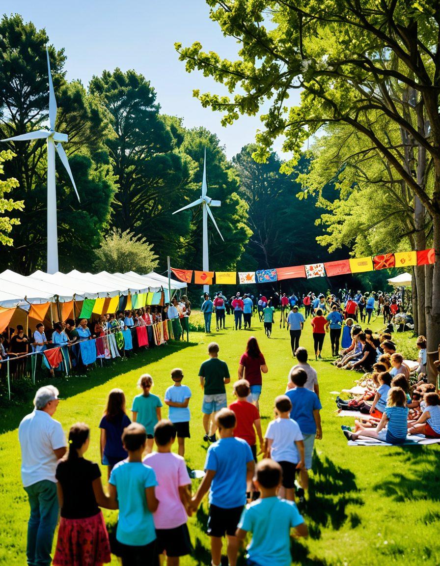 A lush green community gathering, with diverse people collaborating on solar panels and wind turbines, surrounded by blooming flowers and colorful banners of renewable energy. Children play joyfully in the background, symbolizing hope and future. Bright sun radiating energy, casting a warm glow over the scene. vibrant colors. super-realistic.
