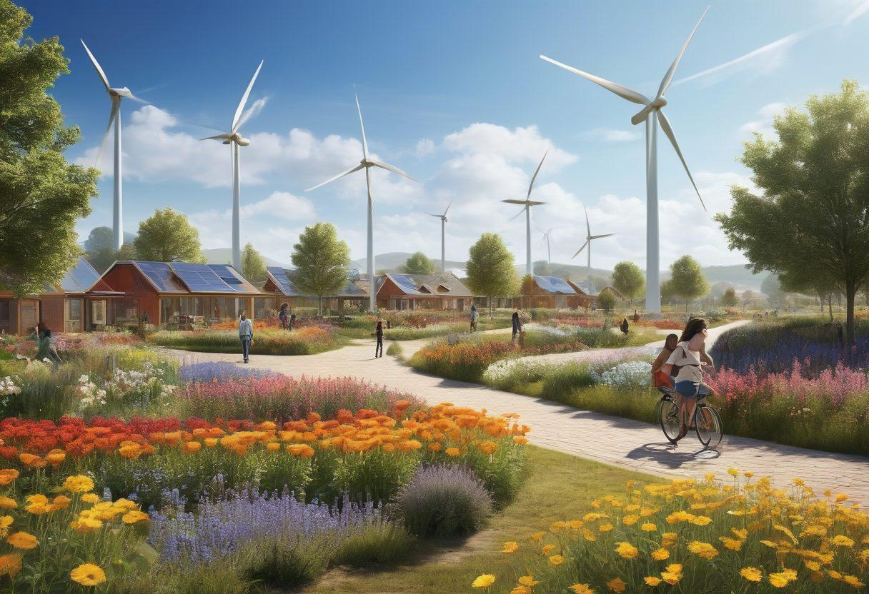 A serene landscape showcasing a vibrant community powered by renewable energy sources like wind turbines, solar panels, and greenery, with people enjoying activities reflecting a sustainable lifestyle. The sky is bright and clear, symbolizing hope and a joyful future, while children play happily among blooming flowers. The image should exude positivity and innovation. super-realistic. vibrant colors. nature-inspired.