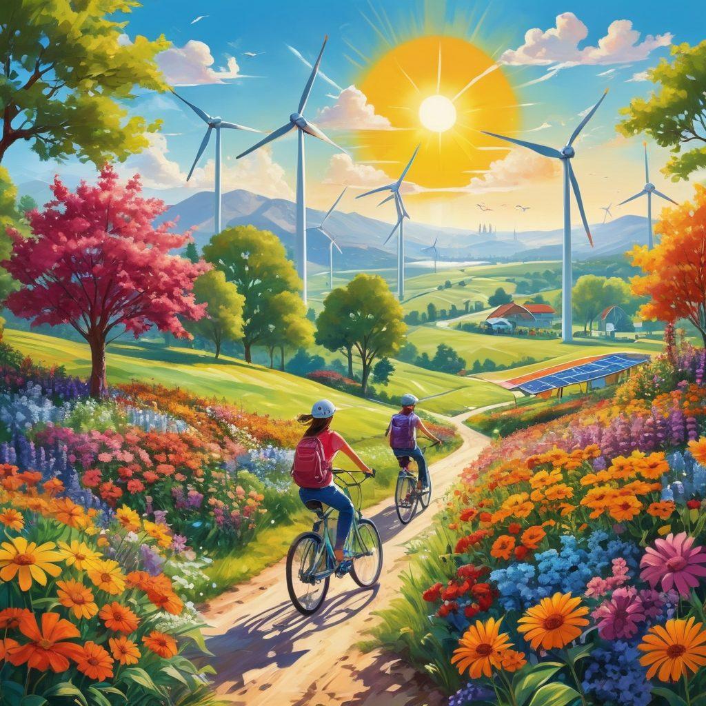 A bright, sunny landscape with solar panels and wind turbines generating energy, surrounded by lush greenery and vibrant flowers symbolizing joy and sustainability. Include diverse people of all ages happily engaging in eco-friendly activities like planting trees and riding bikes. The scene should evoke a sense of empowerment and hope for the future. Illustrative style with deep, rich colors and a cheerful atmosphere.